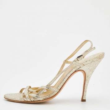 Pre Owned D&G Metallic Gold Crackled Leather Strappy Slingback Sandals Size 38