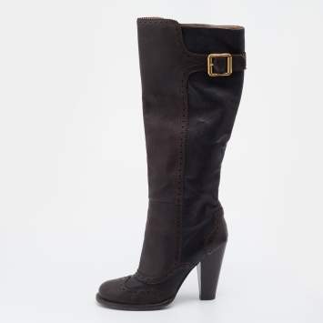 Pre Owned D&G Brown/Dark Grey Brogue Leather Knee Length Boots Size 38