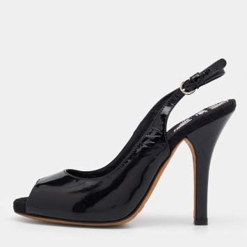 Pre Owned D&G Black Patent Leather Peep Toe Slingback Sandals Size 36