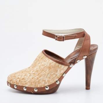 D&G Beige/Brown Raffia and Leather Ankle Strap Clog Sandals Size 38