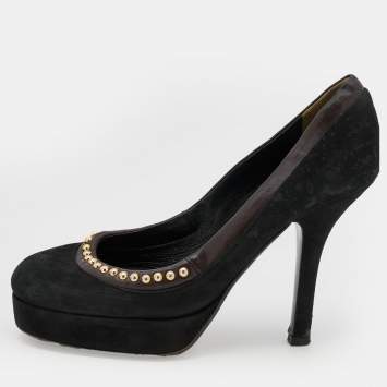 Pre Owned D&G Black/Dark Brown Suede and Leather Studded Platform Pumps Size 37