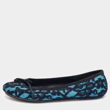 Pre Owned D&G Black/Blue Lace and Satin Bow Ballet Flats Size 39