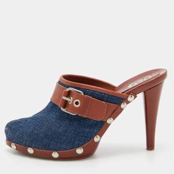 Pre Owned D&G Blue/Brown Denim and Leather Clogs Sandals Size 37