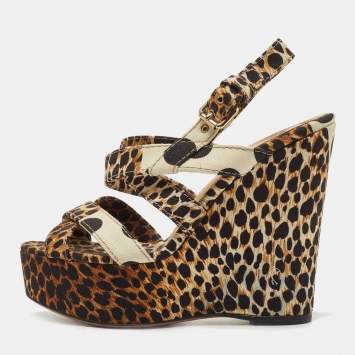 Pre Owned Dolce & Gabbana Brown/Black Leopard And Polka Print Canvas Platform Wedge Slingback Sandals Size 39