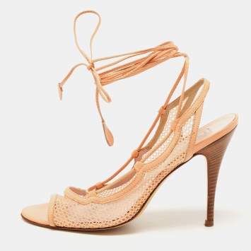 Pre Owned D&G Peach Mesh and Leather Ankle Wrap Sandals Size 40