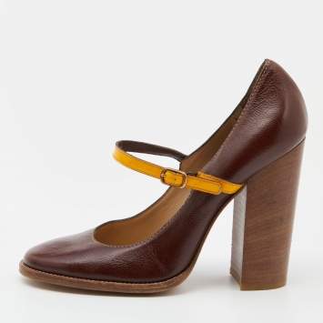 Pre Owned D&G Brown/Yellow Patent and Leather Block Heel Pumps Size 40