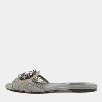 Pre Owned Dolce & Gabbana Grey Lace and Satin Crystal Embellished Flat Slides Size 39