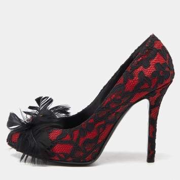 Pre Owned D&G Red/Black Feather and Crystal Embellished Lace and Satin Pumps Size 37.5