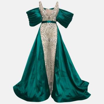 Pre Owned Diana Mahrach Cream/Green Embellished Tulle and Crepe Off-Shoulder Mermaid Gown S