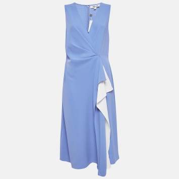 Pre Owned Diane Von Furstenberg Blue Crepe Draped Addison Dress L