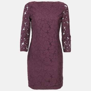 Pre Owned Diane Von Furstenberg Burgundy Sarita Flower Lace Shift Dress S
