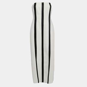Pre Owned Diane Von Furstenberg White/Black Stripe Stretch Cotton Strapless Structured Midi Dress M
