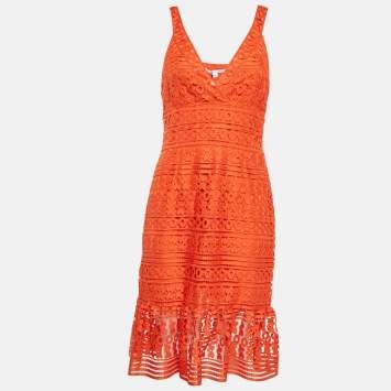 Pre Owned Diane Von Furstenberg Orange Tiana Guipure Midi Dress M