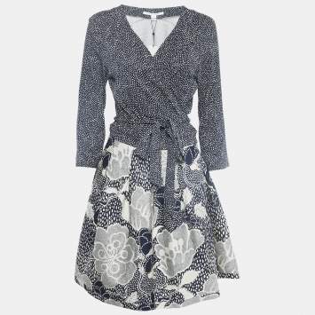مملوكة مسبقًا Diane Von Furstenberg Navy Blue Wool Blend and Knit Dream Dot Mid Jewel Wrap Dress XL