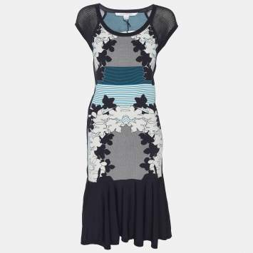 Pre Owned Diane Von Furstenberg Navy Blue/White Knit Jalen Dress S
