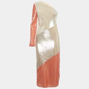 Pre Owned Diane Von Furstenberg Champagne/Pink Paneled One Shoulder Dress S