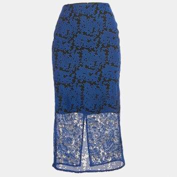 مملوكة مسبقًا Diane Von Furstenberg Black /Blue Embroidered Mesh Overlay Tailored Pencil Skirt XS