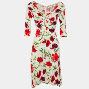 Pre Owned فستان جيرسي فلورال مطبوع أبيض "جيم" دايان فون فورستنبرغ ميدي مقاس صغير جداً