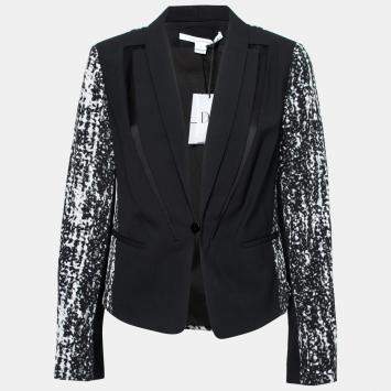 Pre Owned Diane von Furstenberg Black Crepe Jacquard Paneled Olena Jacket M
