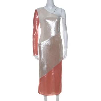 Pre Owned Diane von Furstenberg Pink and Ivory Sequinned One Shoulder Dress S