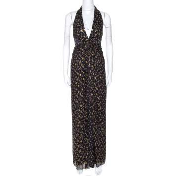 Pre Owned Diane Von Furstenberg Black Lurex Printed Silk Evelina Dress XS