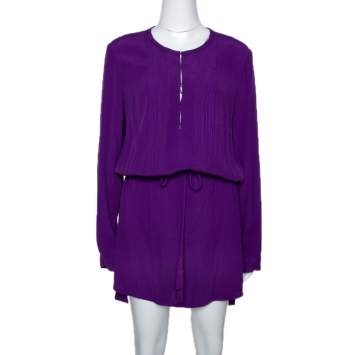 Pre Owned Diane Von Furstenberg Purple Crepe Pleat Front Sliced Dress M