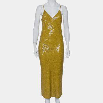 Pre Owned Diane Von Furstenberg Mustard Yellow Sequin Embellished Silk Havita Dress M