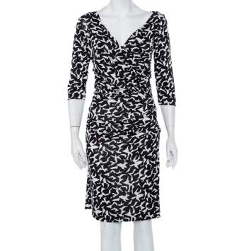Pre Owned Diane Von Furstenberg  Monochrome Abstract Printed Knit Ruched Bentley Dress M