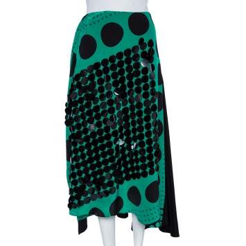Pre Owned Diane von Furstenberg Black & Green Printed Sequined Silk Draped Skirt S