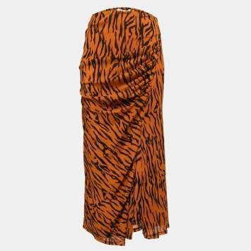 Pre Owned Diane Von Furstenberg Orange Printed Jersey Caspian Tigress Midi Skirt M