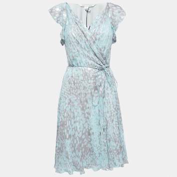 Pre Owned Diane Von Furstenberg Grey/blue Leopard Rain Spots Printed Silk Delancey Short Wrap Dress L