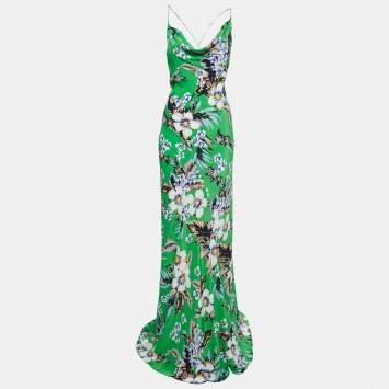 Pre Owned Diane Von Furstenberg Green Floral Printed Silk Cowl Neck Bias Gown XL