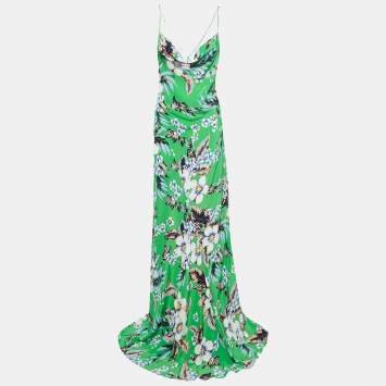 Pre Owned Diane Von Furstenberg Green Floral Printed Silk Cowl Neck Maxi Dress XL