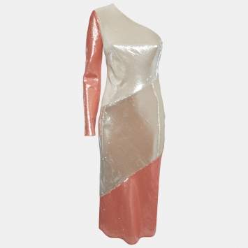 Pre Owned Diane Von Furstenberg Off-White/Light Orange Sequined Silk One Shoulder Midi Dress S