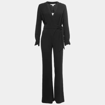 Pre Owned Diane Von Furstenberg Black Crepe Wrap Jumpsuit XS