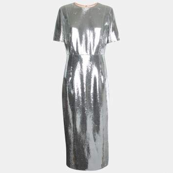 Pre Owned Diane Von Furstenberg Silver Sequined Midi Dress L