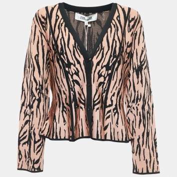 Pre Owned Diane Von Furstenberg Pink/Black Tiger Striped Knit Cardigan XL