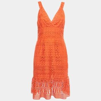 Pre Owned Diane Von Furstenberg Orange Guipure Lace Tiana Sleeveless Dress M