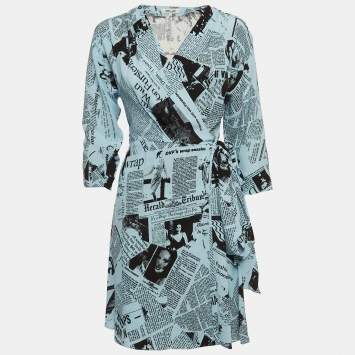 Pre Owned Diane Von Furstenberg Blue Newspaper Crepe Printed Wrap Dress S
