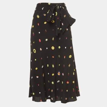 Pre Owned Diane Von Furstenberg Black Polka Dot Print Crepe Midi Skirt M