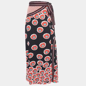 Pre Owned Diane Von Furstenberg Black/Multicolor Floral Printed Crepe Wrap Skirt M