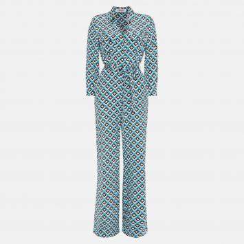 Pre Owned Diane Von Furstenberg Blue printed Silk Jumpsuit M (US 6)