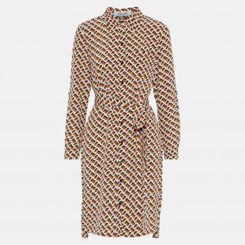 Pre Owned Diane Von Furstenberg Brown Chain Print Silk Belted Dress M