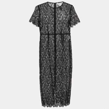 Pre Owned Diane Von Furstenberg Black Lace Tailored Overlay Midi Dress M