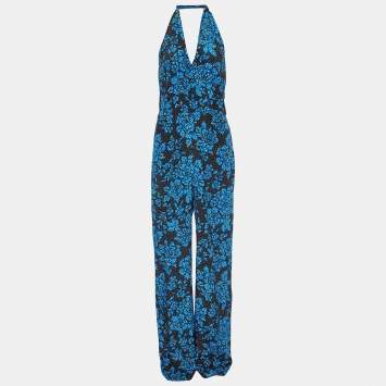 Pre Owned Diane Von Furstenberg Callow Black Printed Silk Halter Neck Jumpsuit M