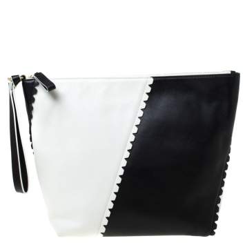 Pre Owned Diane von Furstenberg White/Black Leather Wristlet Clutch