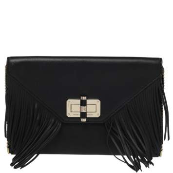 Pre Owned Diane von Furstenberg Black Leather Turnlock Folio Fringe Clutch