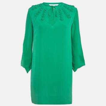 Pre Owned Diane Von Furstenberg Green Silk Long Sleeve Mini Dress S
