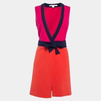 Pre Owned Diane Von Furstenberg Pink/Orange Crepe Wrap Mini Dress S