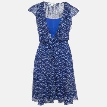 Pre Owned Diane Von Furstenberg Blue Printed Silk V Neck Ruffled Mini Dress XS
